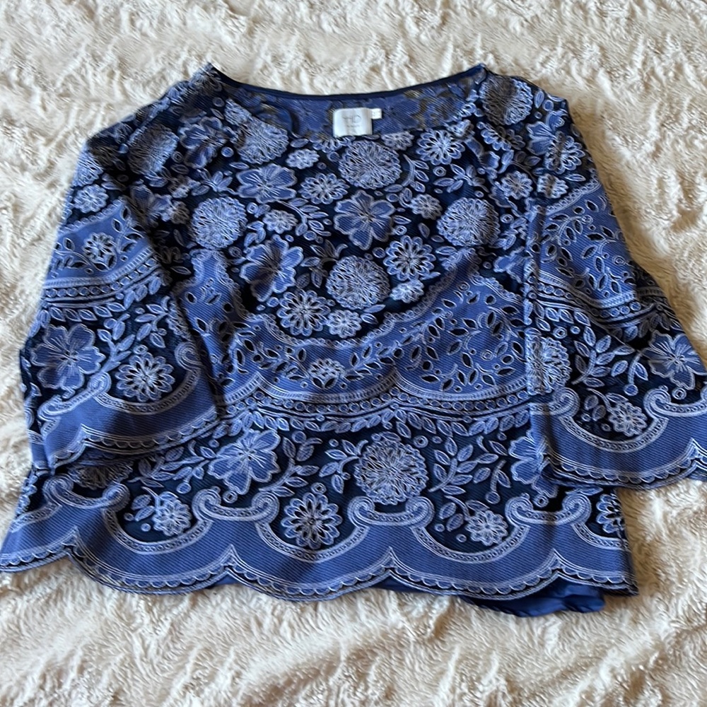 HD In Paris  Scalloped Hem & Sleeve 3/4 Raglan Sleeve Floral  Lace Blouse Size 4